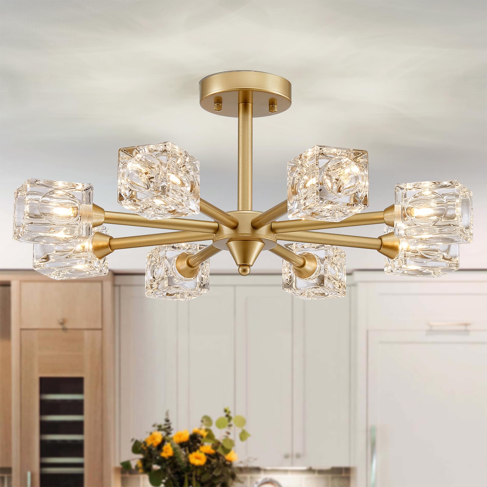 Xingqi Semi Flush Mount Ceiling Light Fixture Modern Sputnik Chandeliers 8 Lights Gold Chandelier, Fashion Lighting For Bedroom 