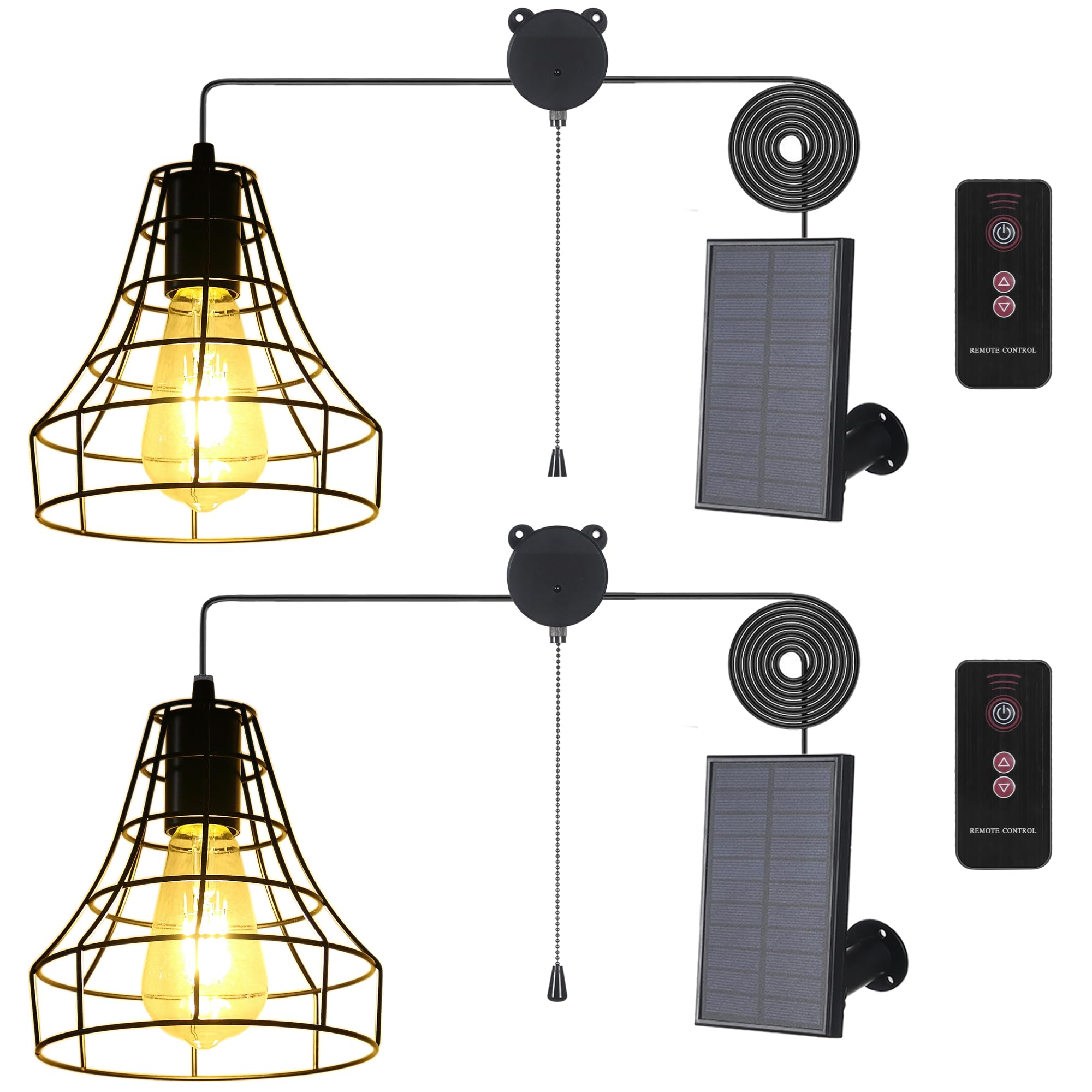 Solar Pendant Lights, YUMAMEI Solar Powered Shed Light with Pull Cord and Remote for Outdoor Indoor, Vintage Hanging Lights with