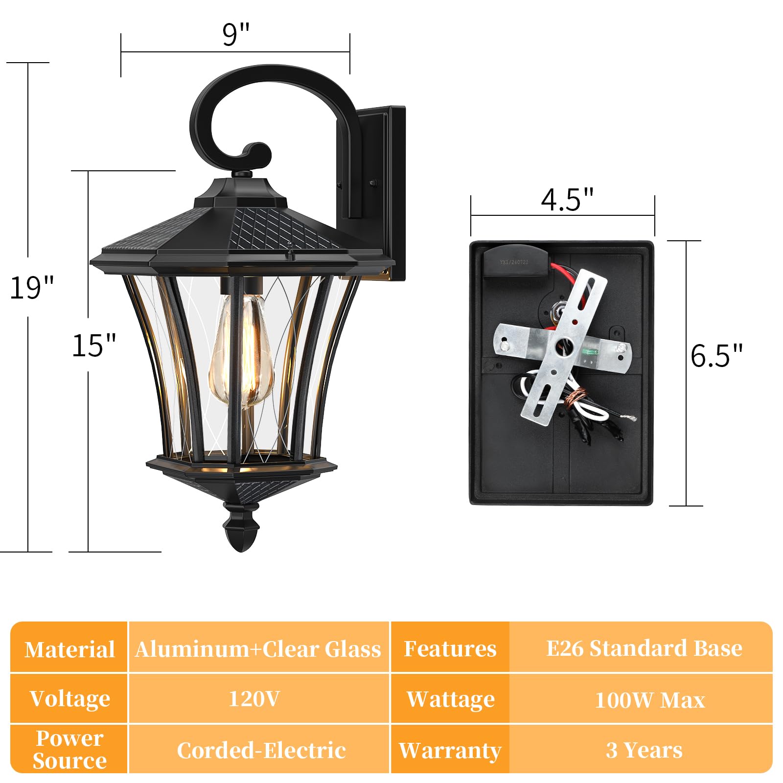 YSN 19" Black Outdoor Wall Lights 2-Pack, Hardwired Aluminum Sconce Fixture, Waterproof Retro Lighting for Porch, Garage, Yard