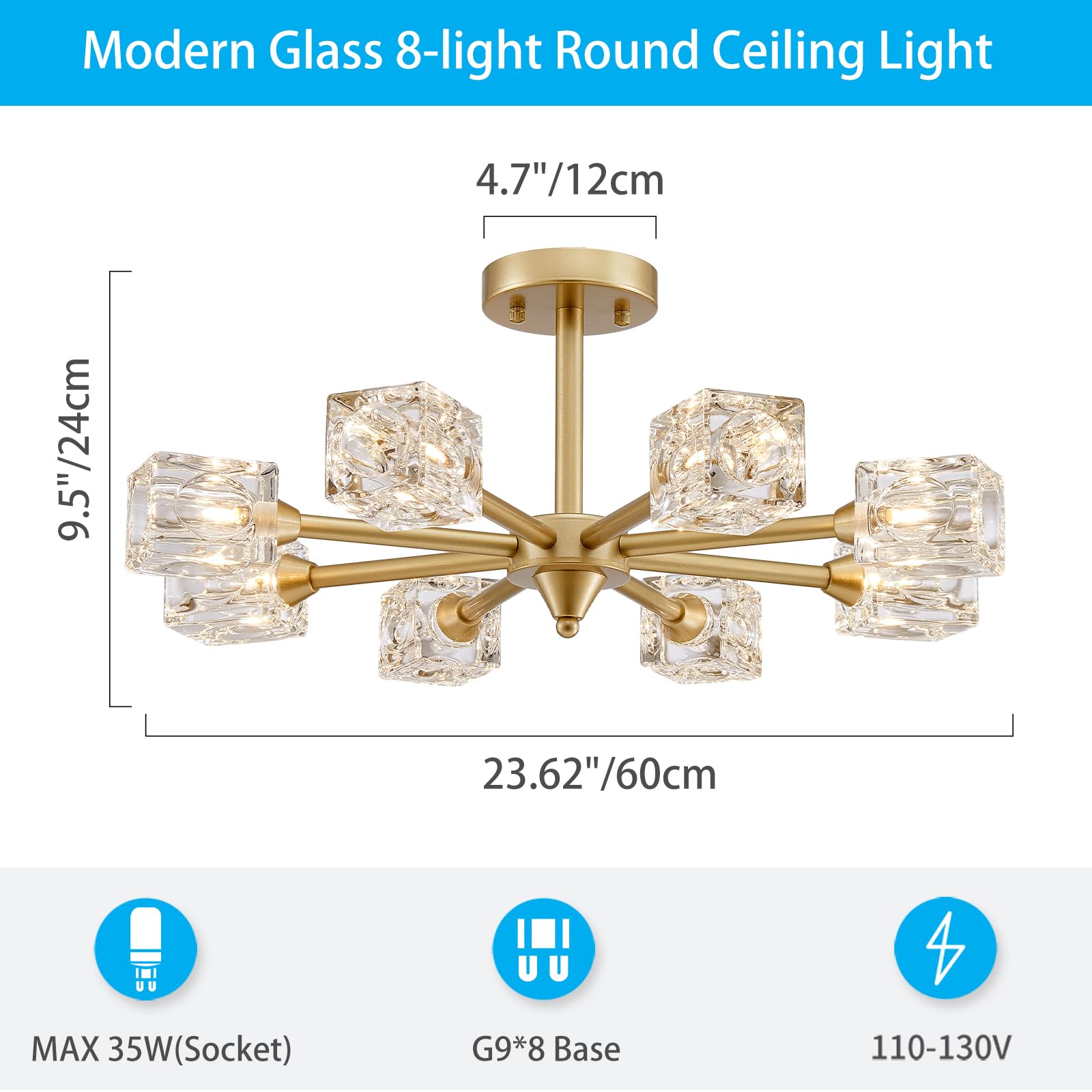 Xingqi 8-Light Semi Flush Mount Ceiling Light Fixture Modern Antique Gold Sputnik Chandeliers Fashion Lighting For Bedroom Dinin