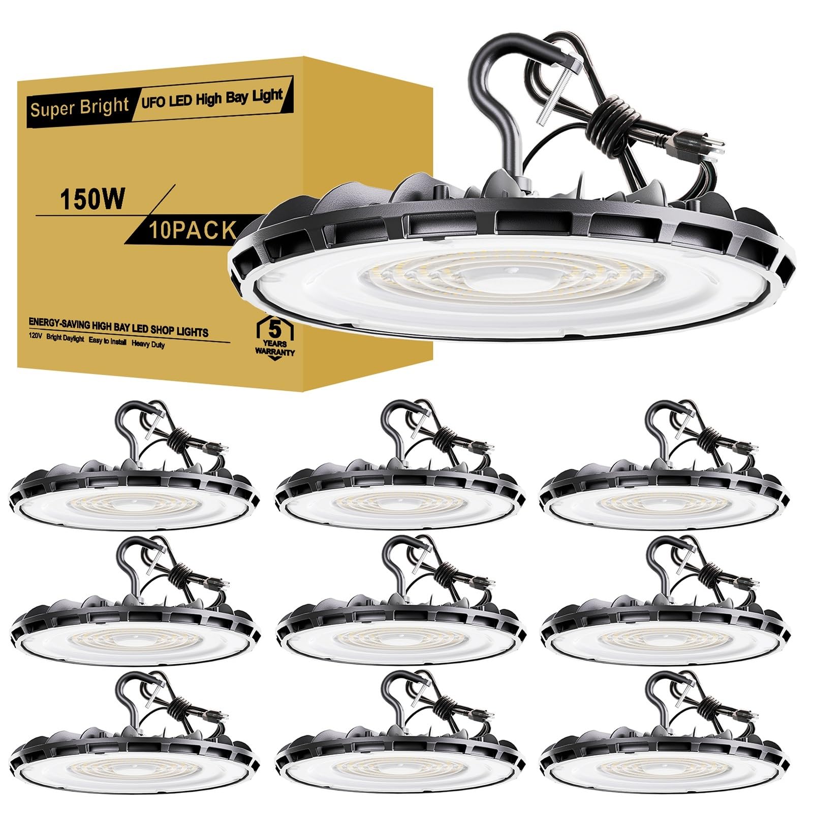 Jc-Lgl Ufo Led High Bay Light 150W 10Pack, High Bay Led Shop Lights 5000K 16,500Lm With Us Plug, Hanging Hook, Safe Rope, Waterproof Commercial Bay Lighting For Warehouse Factory Barn Shop - Ul Listed
