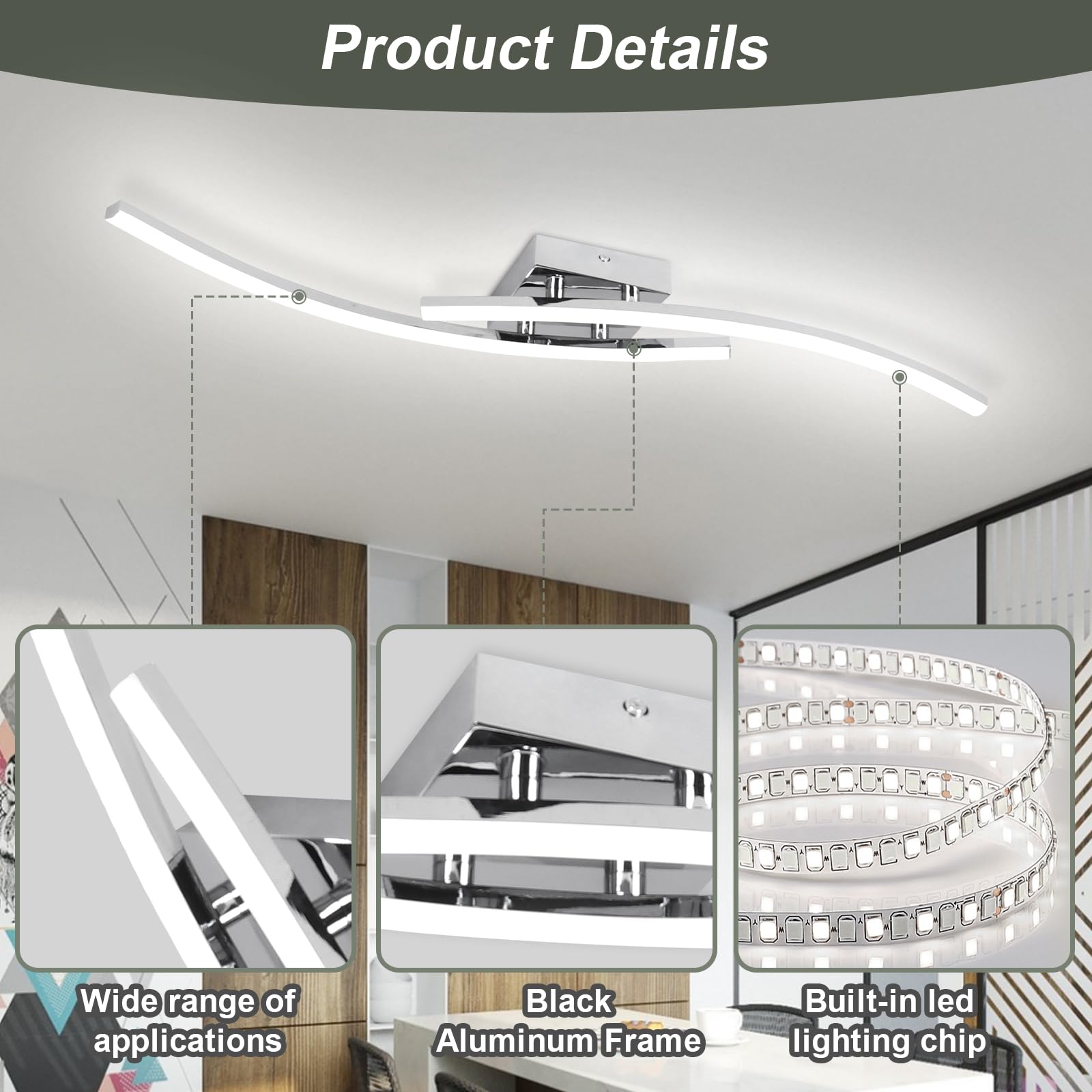 Hlilceh Modern Led Ceiling Light - 31.4Inch Linear Chrome Fixture, 6000K, Aluminum, Long Flush Mount, For Bedroom, Hallway, Kitc