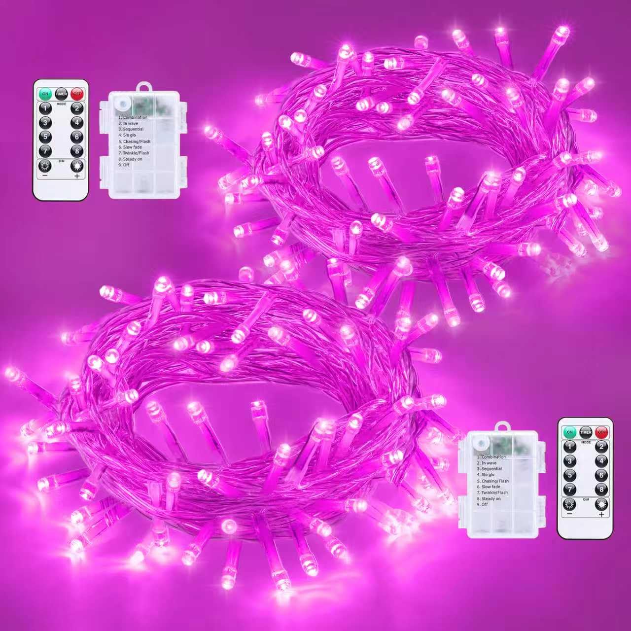 QITONG 2 Pack Valentine Lights Battery Operated, Each 33ft 100 LED Pink String Lights Outdoor Waterproof with Remote, 8 Modes Cl