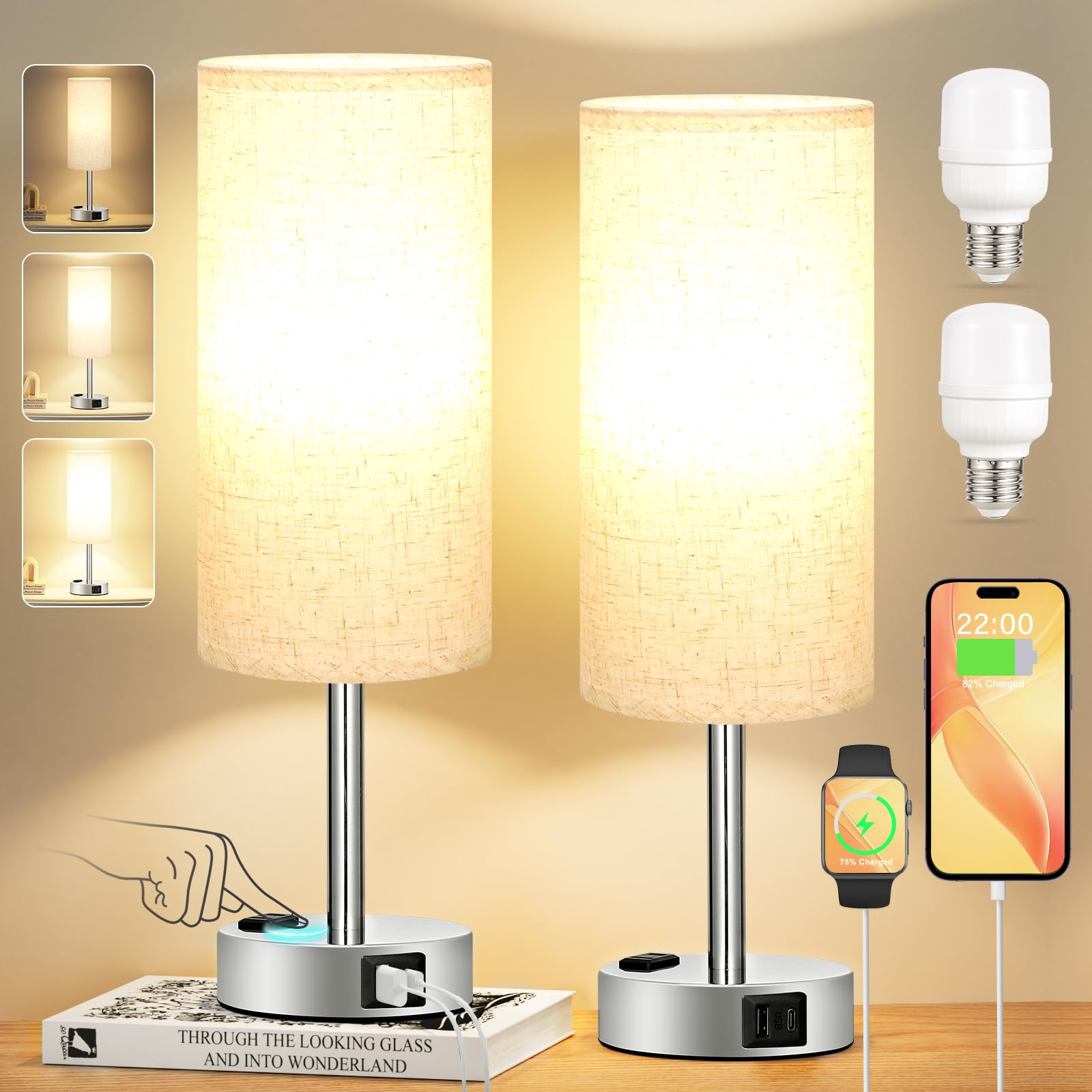 Light Beige Touch Nightstand Lamps - 3 Way Dimmable Bedside Table Lamps Set of 2 for Bedroom with USB C and A Ports, Small Desk 
