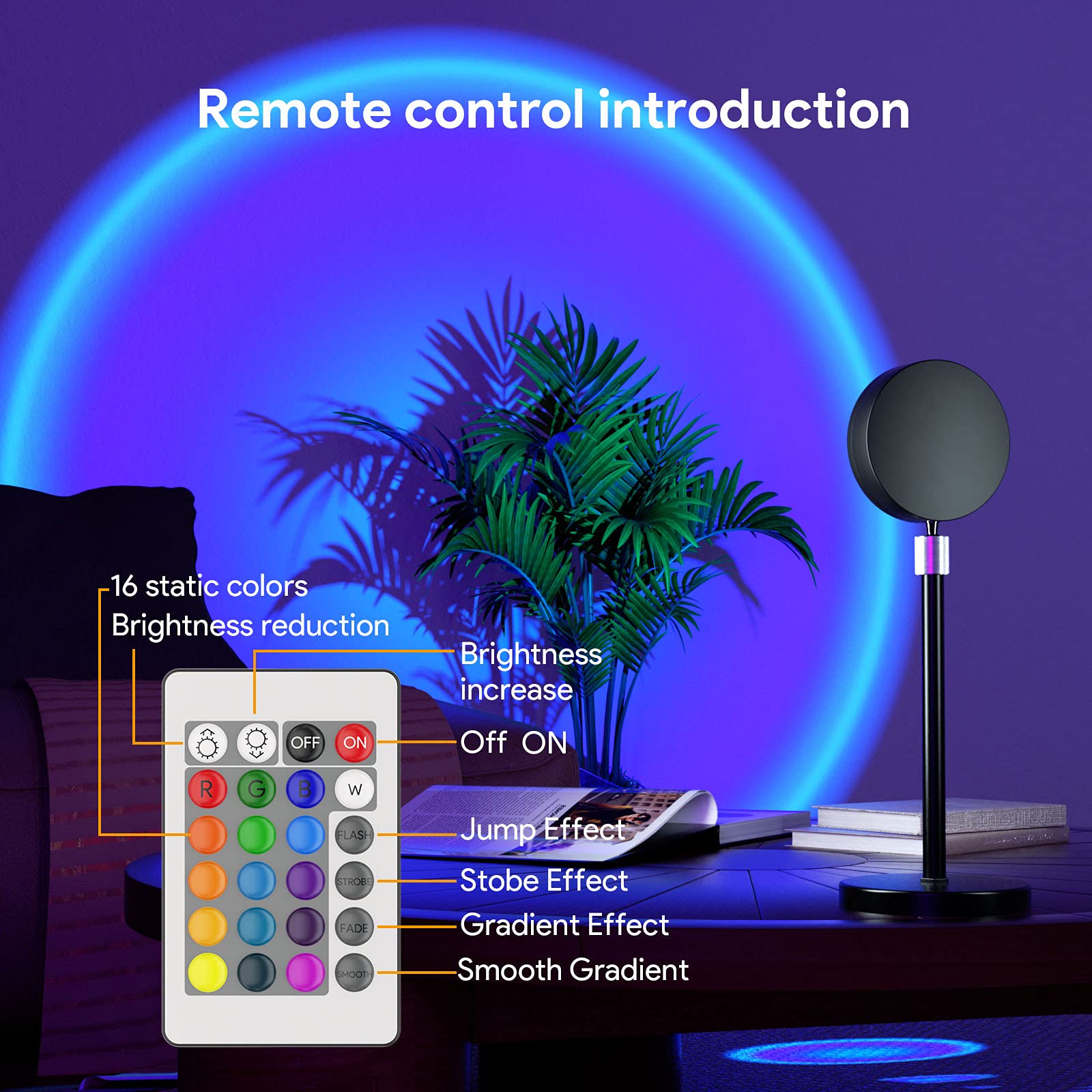 Bavcieu Sunset Lamp - LED Projection Light with Remote, 16 Colors, 360° Rotation, Ideal for Home Decor & Photography, Model R01/R02