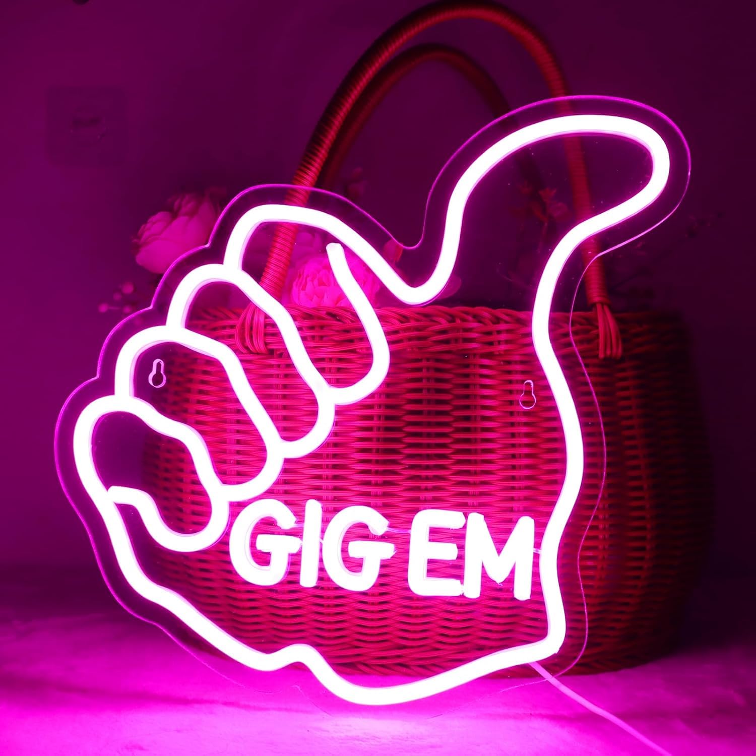 Texas Led A&M Aggies Thumbs Up Gig Em Neon Light For Wall Decor Hand Neon Light Statues Fingers Signs Bedroom Man Cave Dorm Texas University Decor Gifts(Pink)