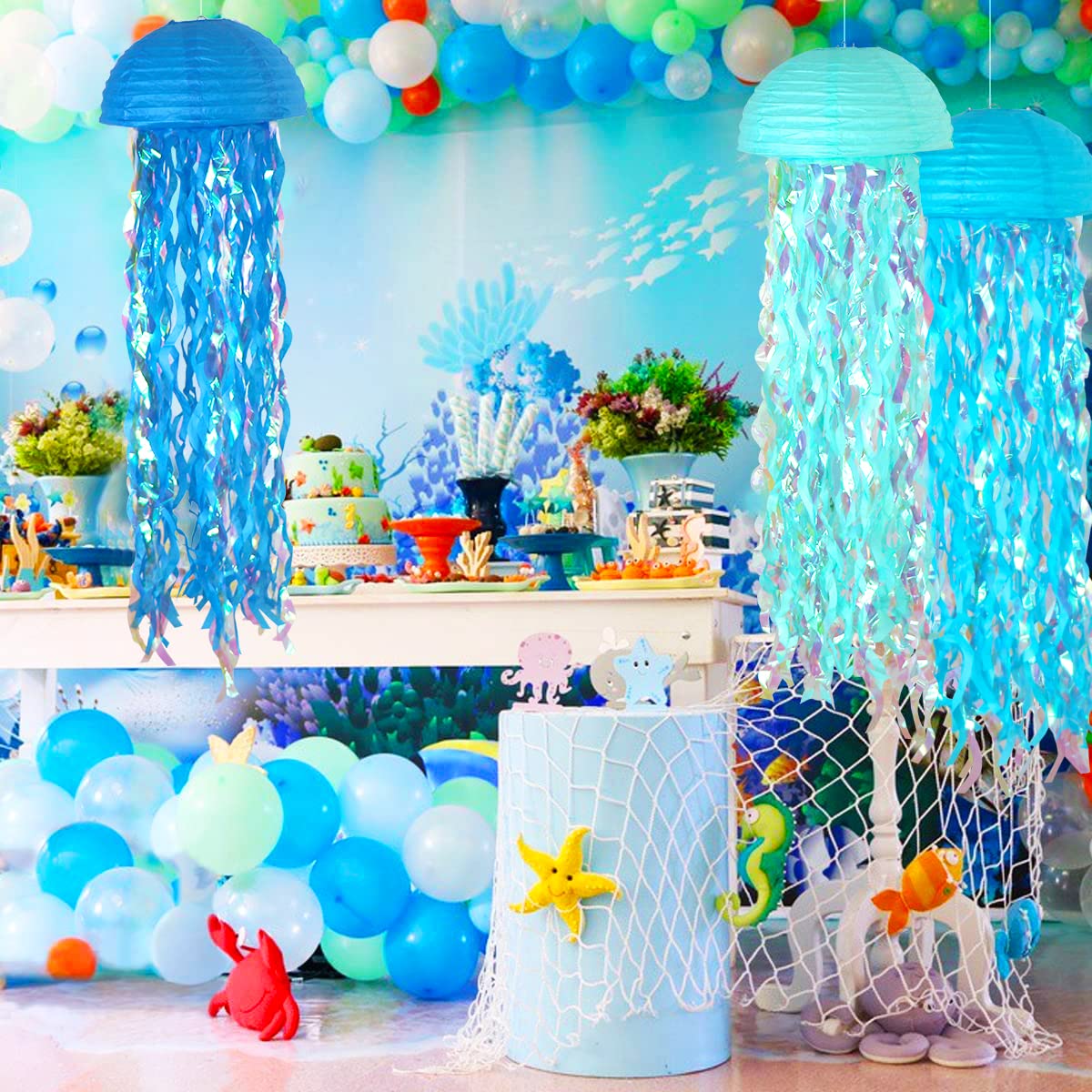 Adlkgg Blue Hanging Jelly Fish Paper Lanterns, Gradient Colorful Paper Lanterns For Mermaid Theme Party Under The Sea Ocean Birt