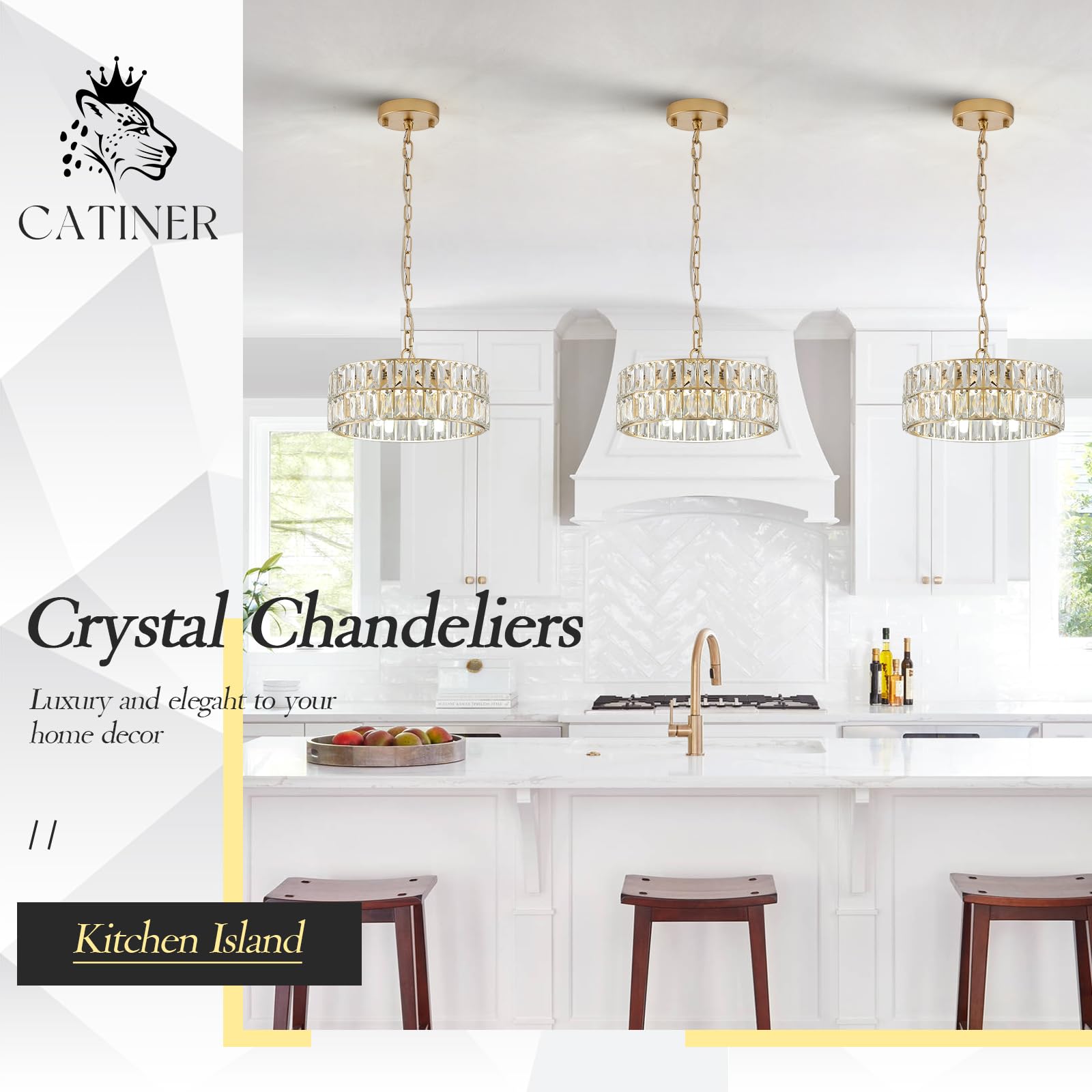 CATINER Gold Crystal Semi Flush Mount Chandelier, 4-Light Drum Pendant Light, 12" for Foyer, Kitchen, Dining Room, Model C80-4G1
