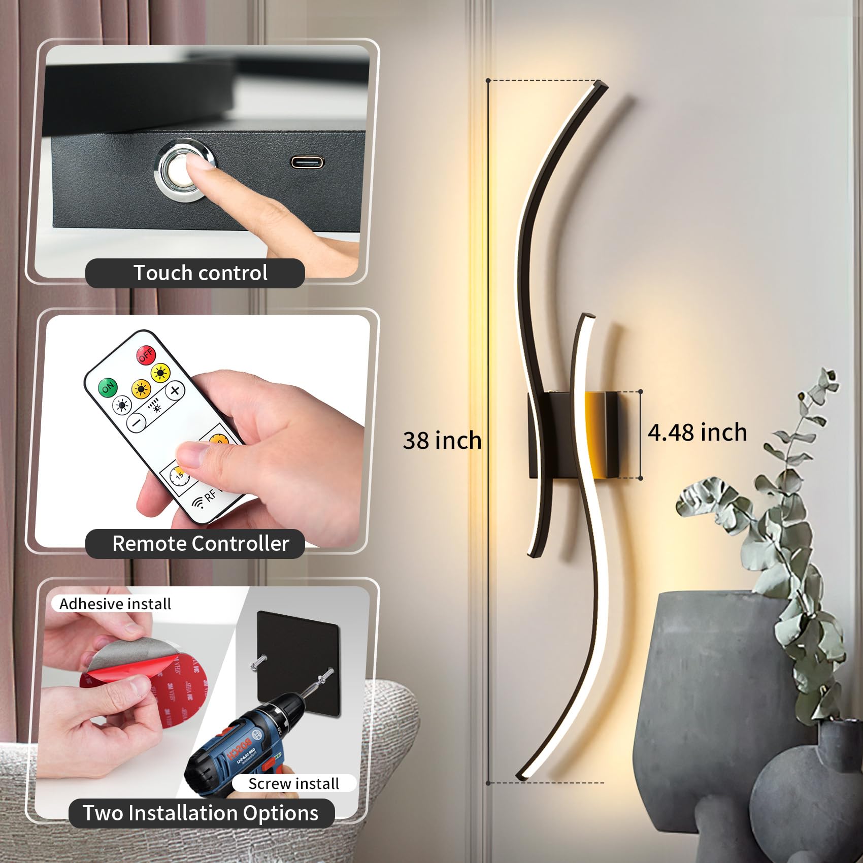 Aikertec 38 Inch Battery Operated Wall Sconces Set Of 2 Pack With Remote Control, Dimmable Rechargeable Battery Wall Sconce 3000