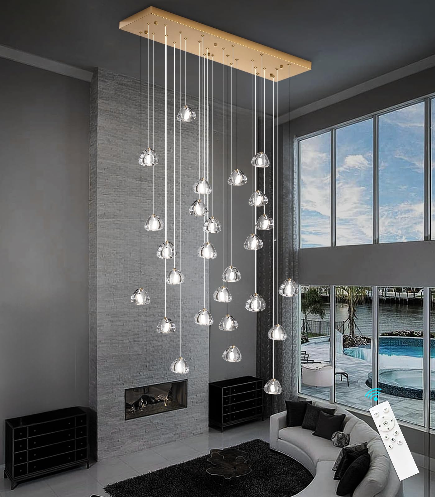 HAIXIANG LED Rectangular Chandeliers, Dimmable 26 Lights, Antique Gold Finish, High Ceiling Pendant Light for Living Room & Dining Room