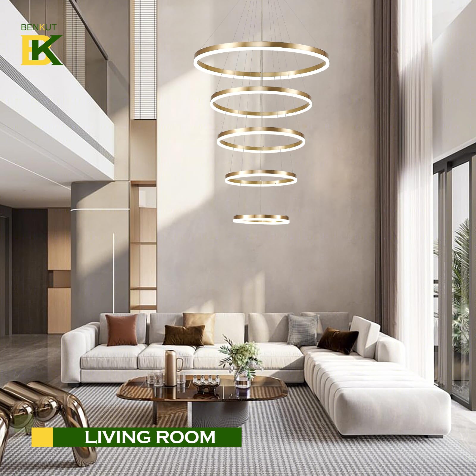 Benkut 5-Rings LED Chandelier, Gold, Dimmable, Remote Control, Modern Design, 3000K-6500K, Model P60S-5GDC1