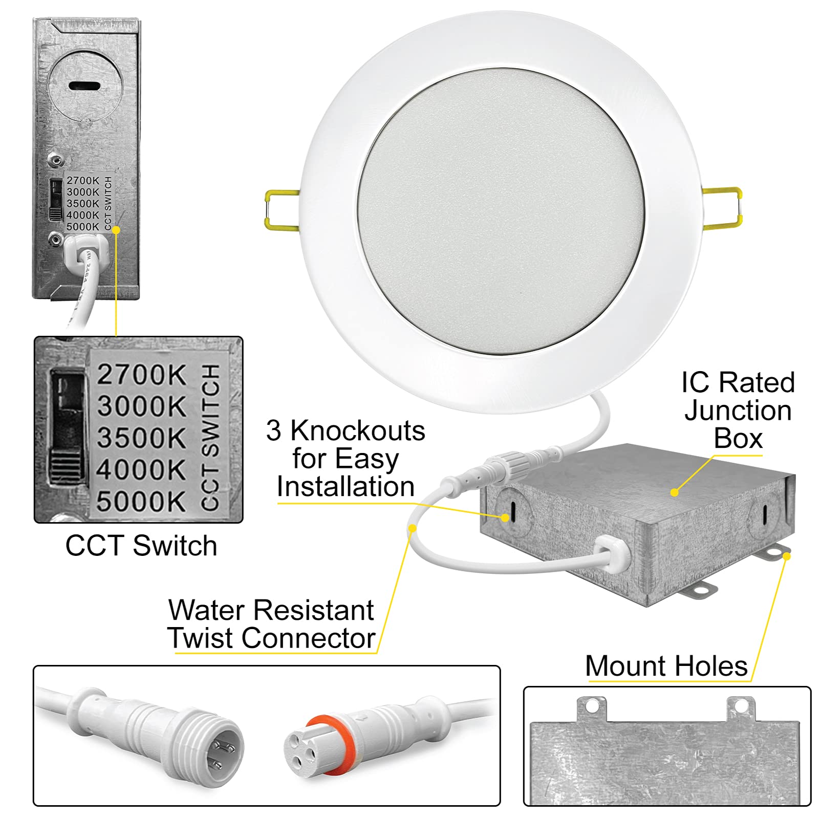 Nuwatt 6 Pack, 4 Inch Ultra-Thin Led Recessed Lighting, 5Cct 2700K/3000K/3500K/4000K/5000K Selectable, 630Lm, 9W, Ic Rated, Dimmable Slim Panel Light, White Trim Canless Wafer With Junction Box, Etl