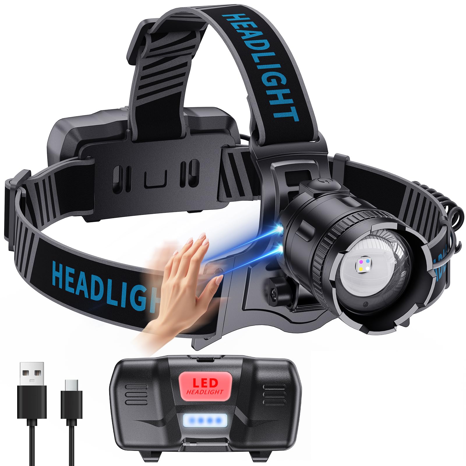 YNYS Led Headlamp Rechargeable 3000 Lumens Super Bright,4 Colors(BU/WH/YE) & UV Head Lamp with Motion Sensor &Zoomable,90Adjusta