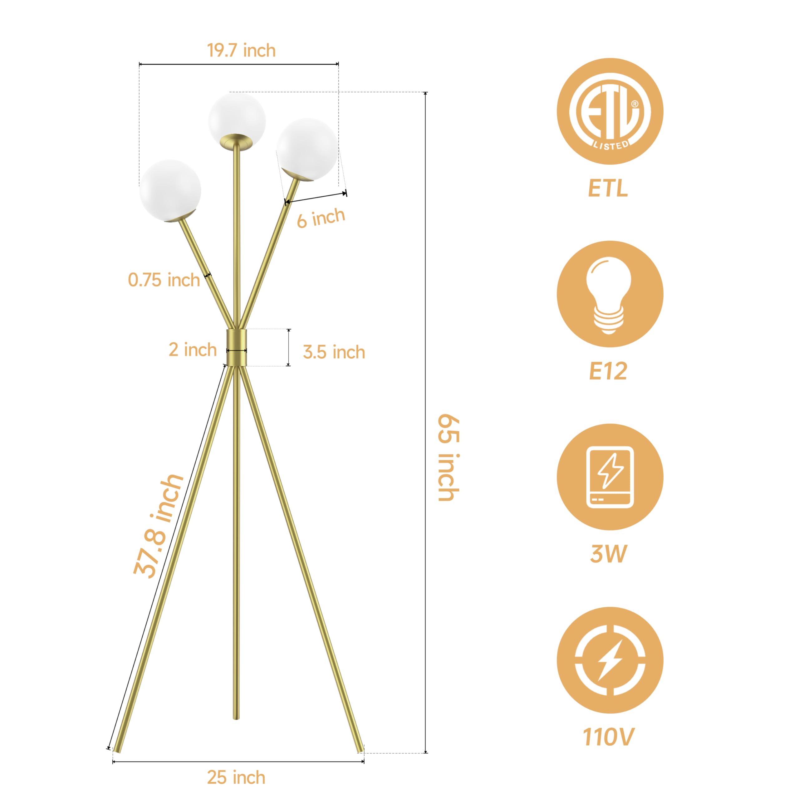 Maxax 65” Brass Gold Tripod Floor Lamp, 3 Lights Globe Shade, Mid Century Modern Design for Living Room and Office