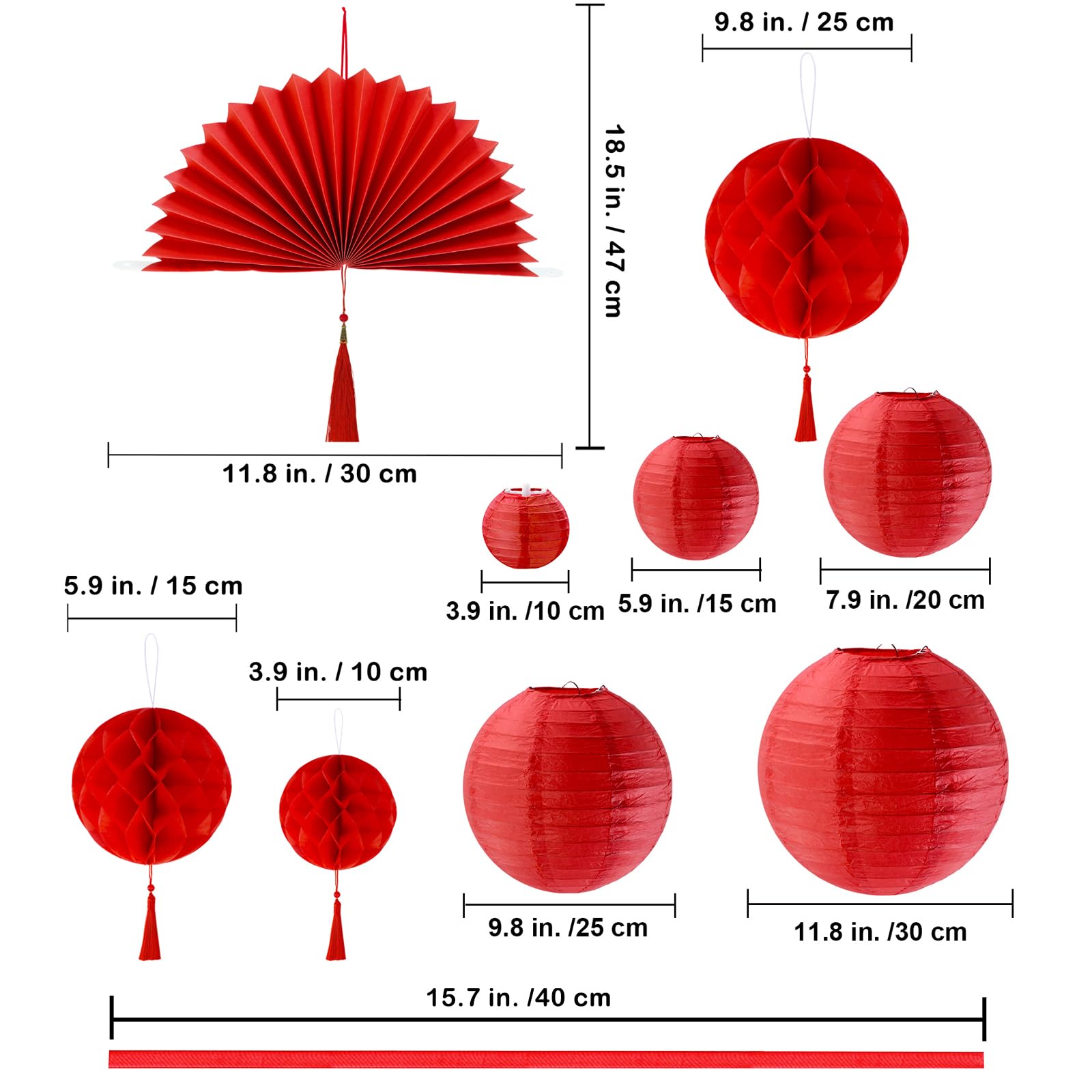 Winlyn 22 Pcs Chinese New Year Decorative Red Gold White Round Paper Lanterns Honeycomb Balls Paper Fans Oriental Hanging Party