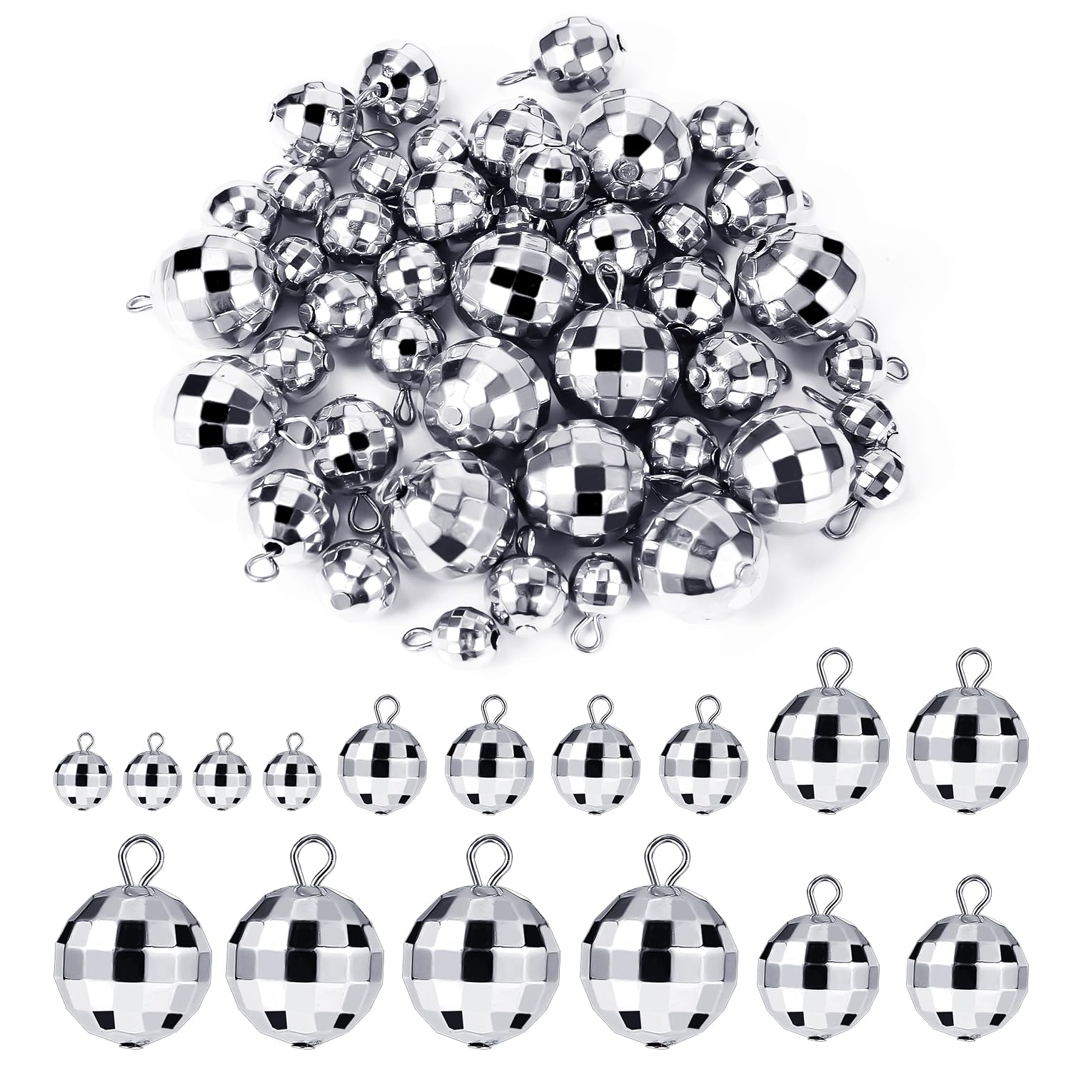 PEUTIER 48pcs Mini Disco Ball Pendants, Silver Alloy Steel Reflective Charms for DIY Crafts and Party Decorations