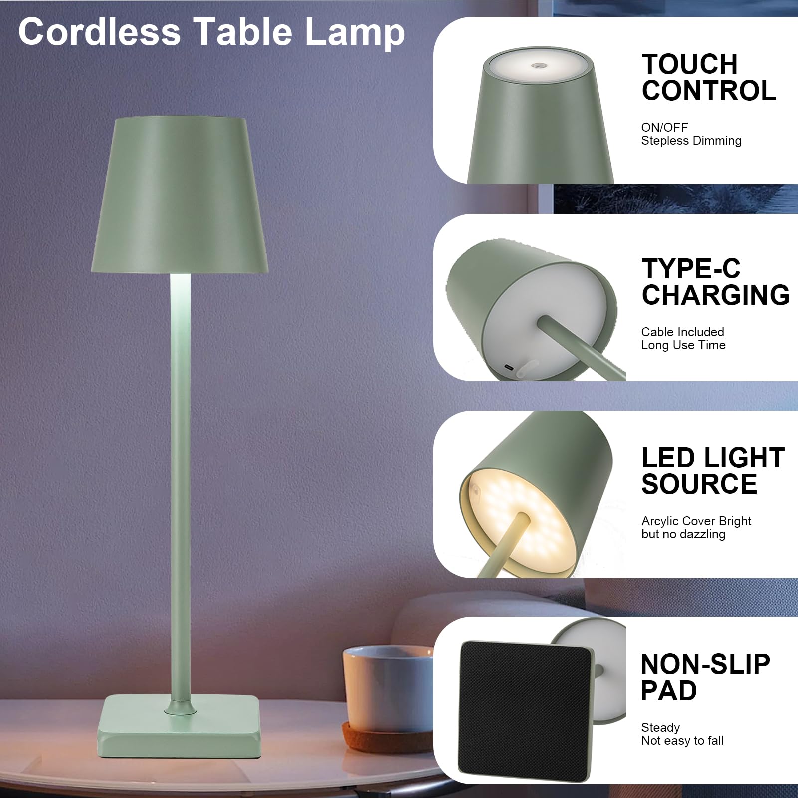 kelary Cordless Table Lamp 2 Pack Rechargeable LED Stepless Dimmable Aluminum Green