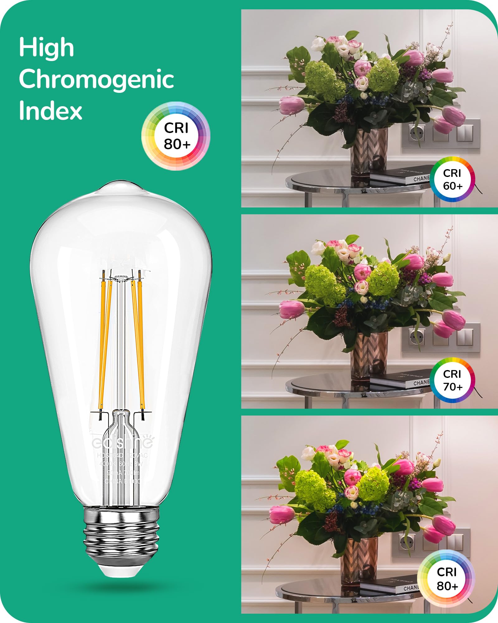Edishine 6 Pack Vintage Led Edison Bulbs 8W Equivalent 60W, St64 Dimmable Led Light Bulbs, 700Lm 4000K Cool White Light E26 Base