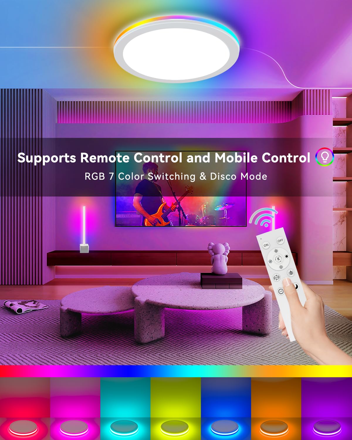 Aphyni Rgb Led Ceiling Light Fixture With Remote, 3600Lm Flush Mount Light Fixture, Diy Colors, Disco Mode, 3000K-6500K Dimmable
