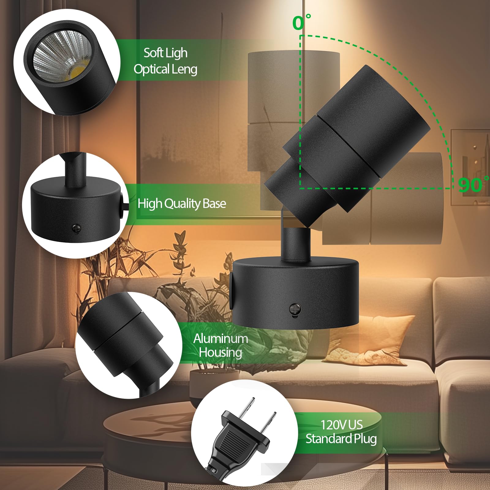 Jiaqiyan Led Spotlight Indoor 2 Pack, 5W Adjustable Led Up Lights With Remote Control & Timer, 3000K/4000K/5000K Floor Uplighting Spot Lights For Plants & Artwork, 5.9 Ft Cord