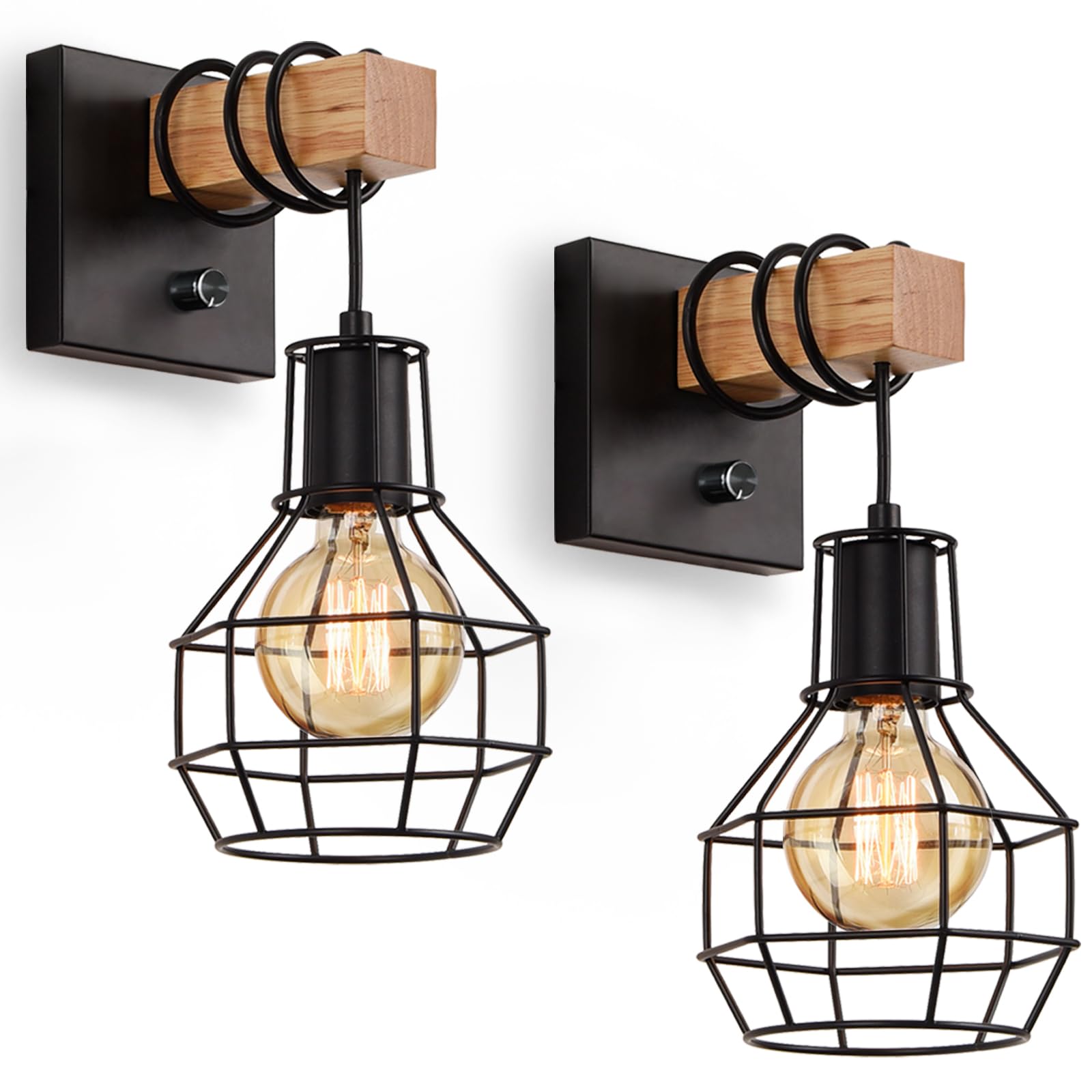Lightess Industrial Wall Sconces Set of 2, Dimmer Switch, Metal Cage Shade, Black, 2 Pack, Model LG9951177