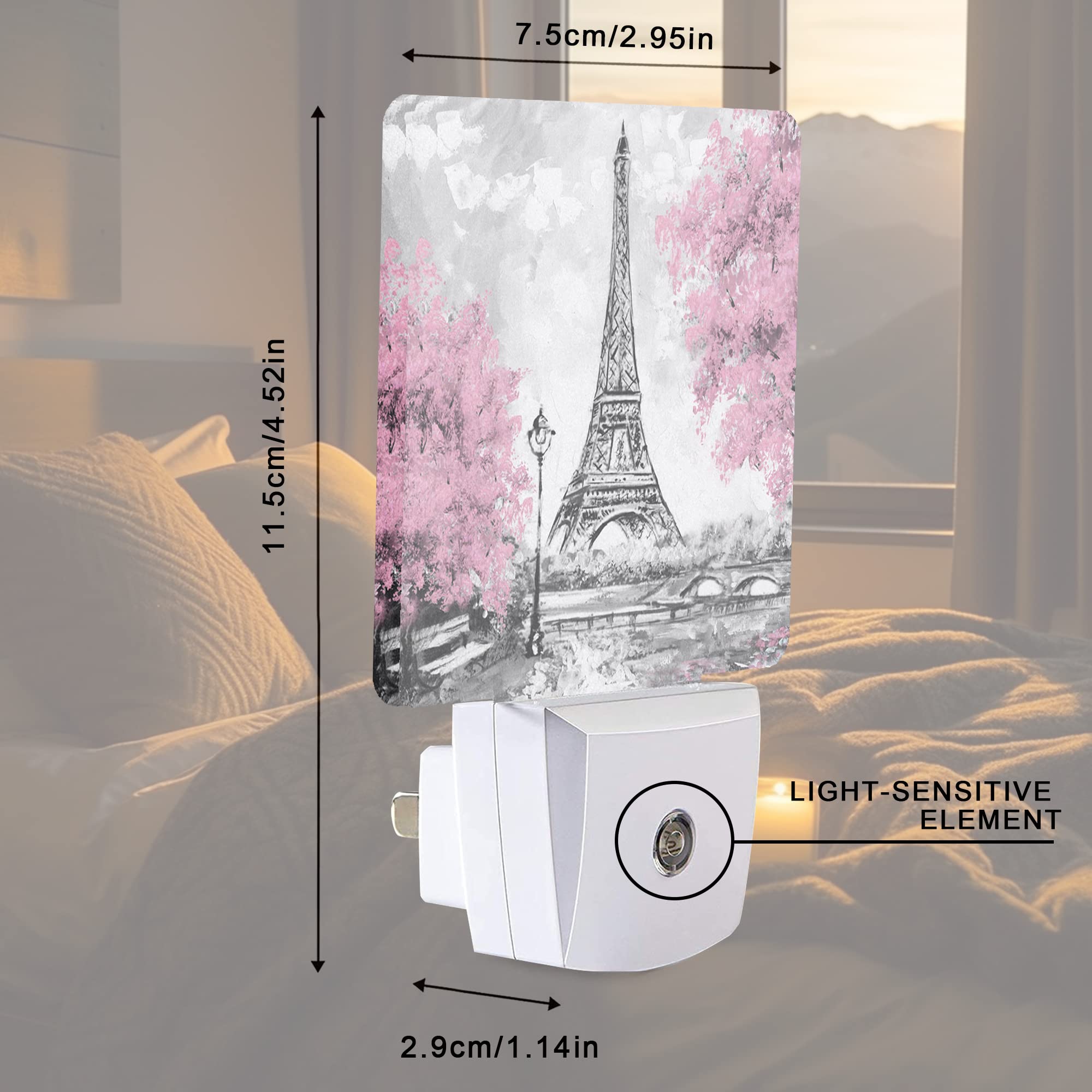 Smoaffly LED Night Light - Eiffel Tower Paris Pink Flower, Auto Sensor, Dusk-to-Dawn, Home Decor for Nursery, Model XD-FXYD-LST04