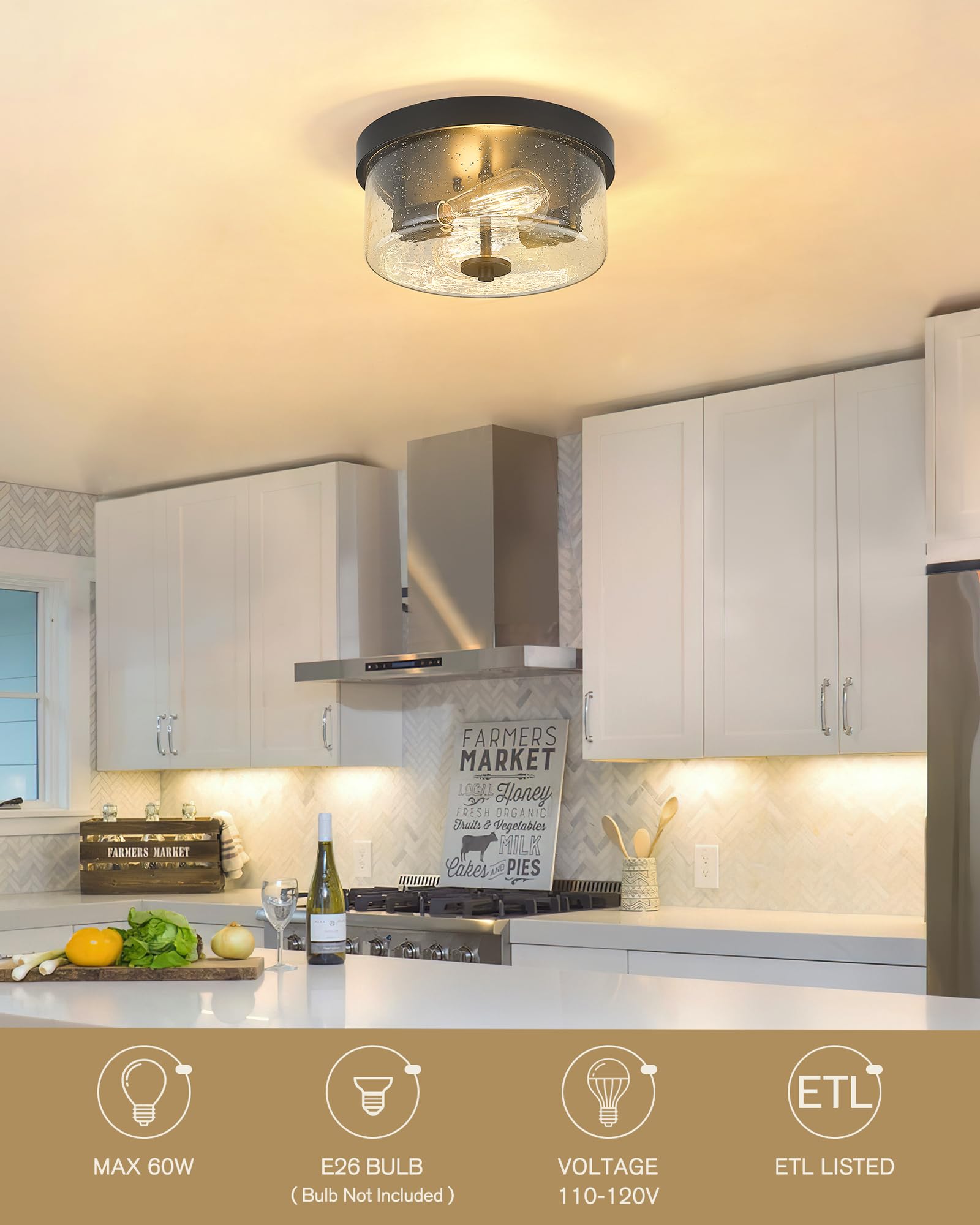 Emak Matte Black 2-Light Flush Mount Ceiling Light With Seeded Glass Shades, 11 Inch