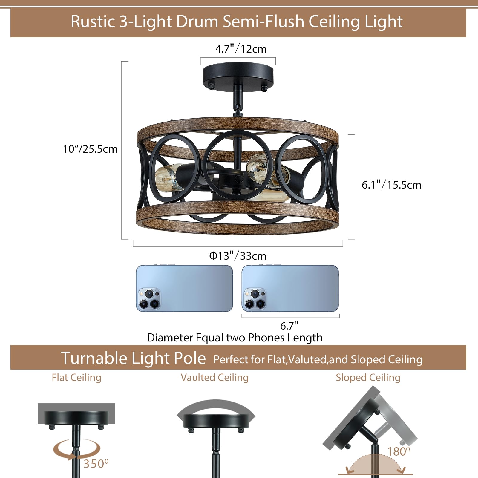 peskoe Modern 3-Light Black Ceiling Light Fixture, 13'' Drum Design, Metal Shade for Bedroom, Dining Room, Kitchen, Hallway