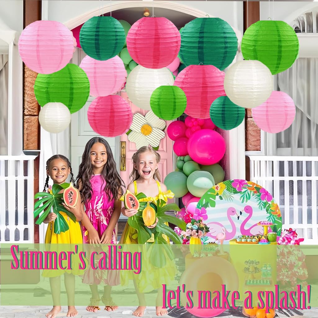 Capesaro Pink Green Paper Lanterns Decorative 15Pcs Party Hanging Decorations For Party Birthday Bachelorette Wedding Birthday B