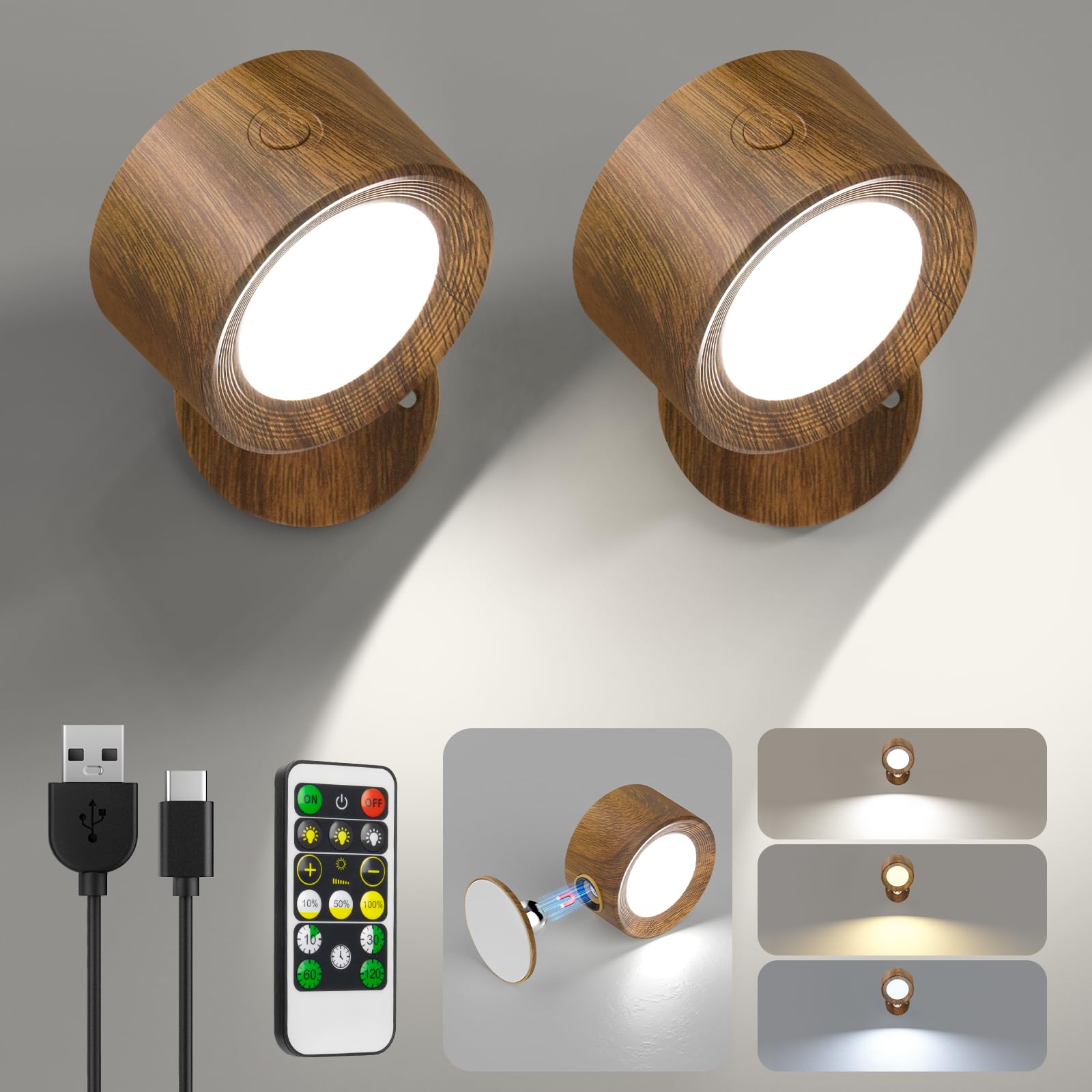 Lightbiz LED Wall Lights, Dimmable 3 Color Temp, 2 Pcs, Rechargeable Battery, Walnut Wood, Model X120