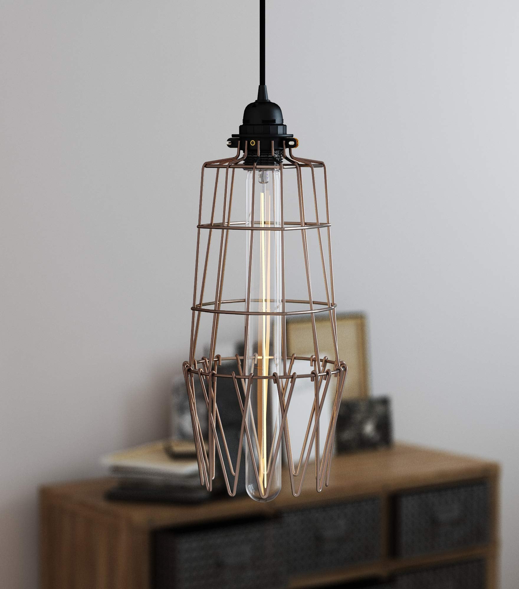 Rustic State Pendant Lamp Light Cage Guard, Metal Wire, Bronze, Model 092