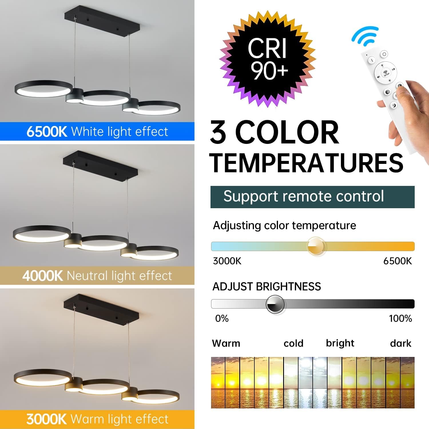 Irefveer Modern LED Chandelier Light, Dimmable Pendant Fixture, Height-Adjustable, Black, 3Ring-36IN, Model KG-MT02