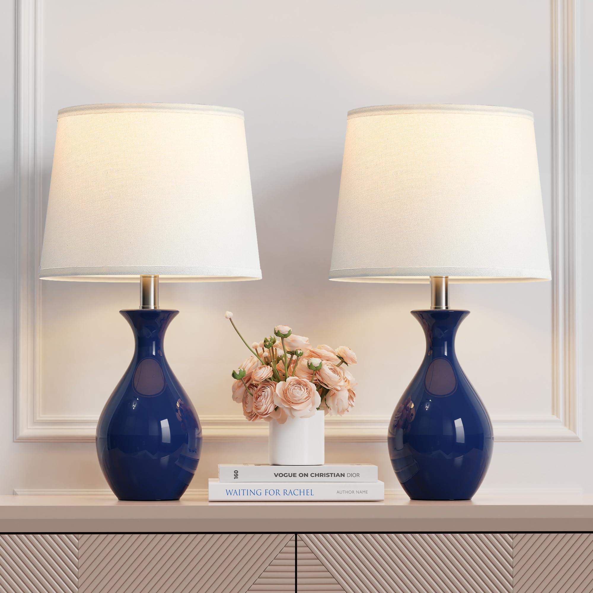 PARTPHONER Table Lamp Set of 2  Modern Ceramic Bedside Lamps for Night Stands  Classic Small Lamp Nightstand Lamp for Bedroom Living Room Desk End Table Rocker Navy Blue