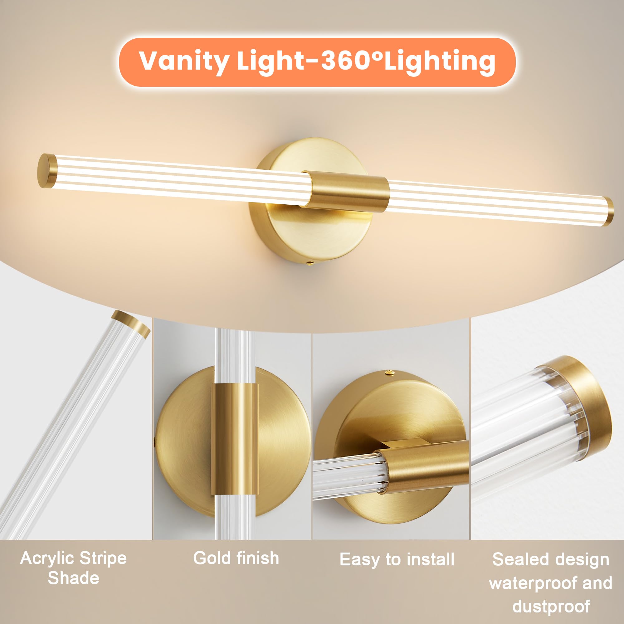 Gold Wall Sconces Set Of Two Hardwired  Dimmable 5Cct Led Bathroom Light Fixtures Over Mirror  360 Full Lighting 23 Inch Vanity Light Bar Modern Wall Sconce For Bathroom Bedroom Living Room