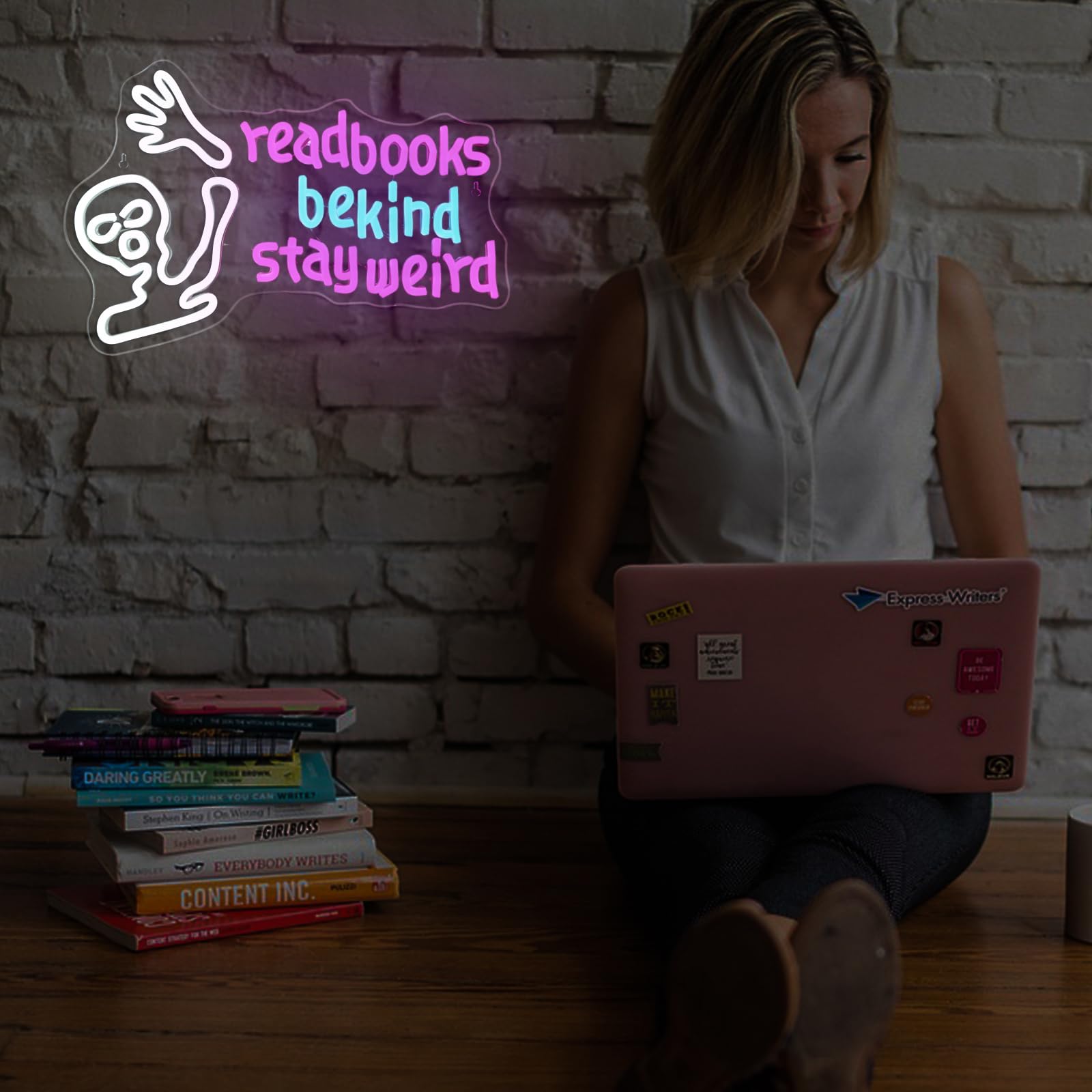 JURONGYILU LED Neon Sign - Skeleton Read Books, Dimmable, USB Powered, 11"x11", Colorful-Read Books, Model HZ-WX-NL-626
