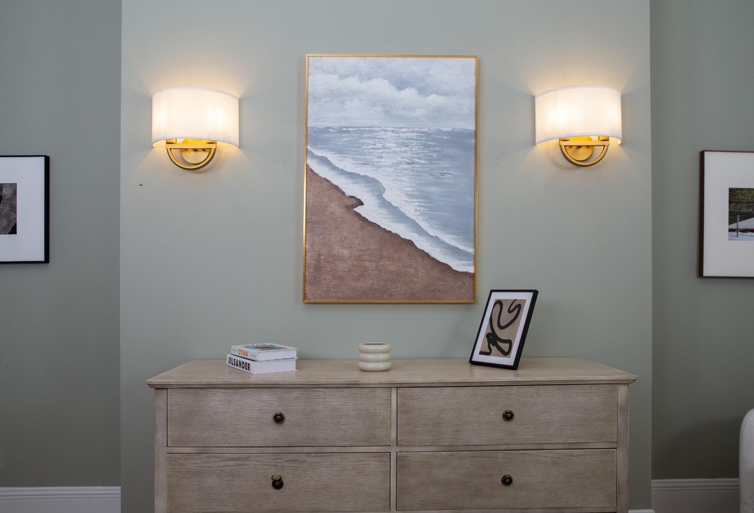 Yosoan Wall Sconce Light, 2-Light Vintage Design, Fabric Shade, Large, White, Model 8291