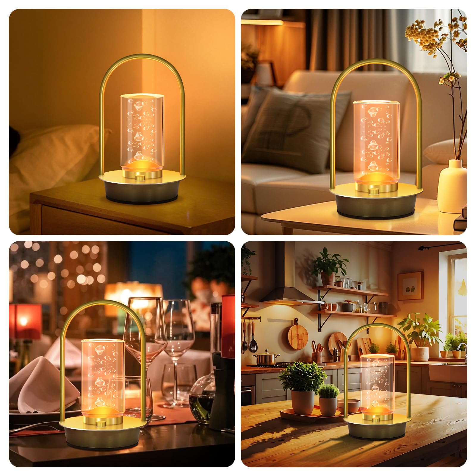 AOTEAM Portable Cordless Table Lamp - Dimmable Touch, Small Aluminum, Gold with Bubble, Model A-1, Rechargeable Battery for Indoor/Outdoor Use
