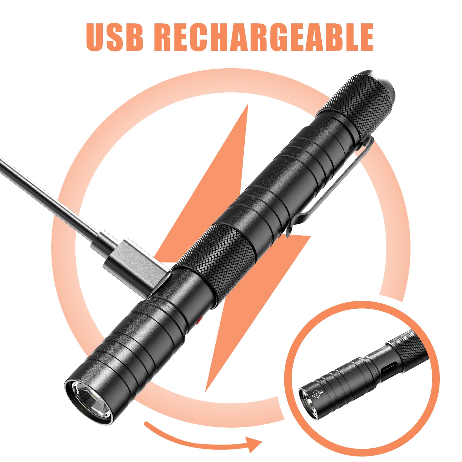 Elfgo Rechargeable Pen Light - 360 Lumens Zoomable Led Flashlight For Nurses, Doctors, Engineers