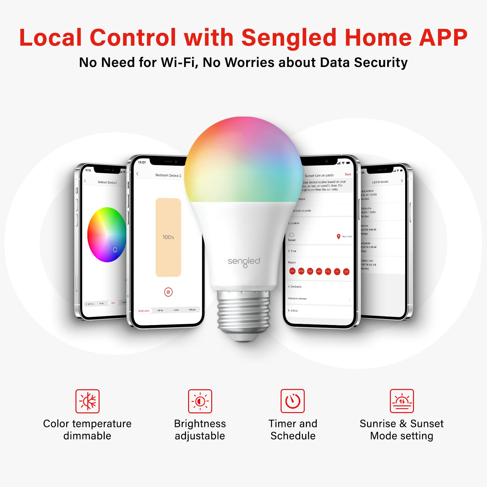 Sengled Dual Mode Smart Light Bulbs, RGBW Dimmable 60W, 2700K-6500K, Color Changing, Model B21-N1E, No Remote,