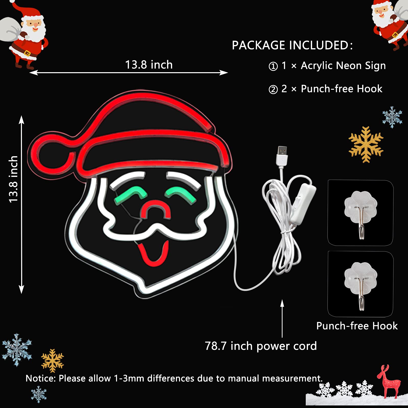 BerniceKelly Santa Claus Neon Sign, LED Wall Decor, 13.8inx13.8in, Acrylic, USB Powered