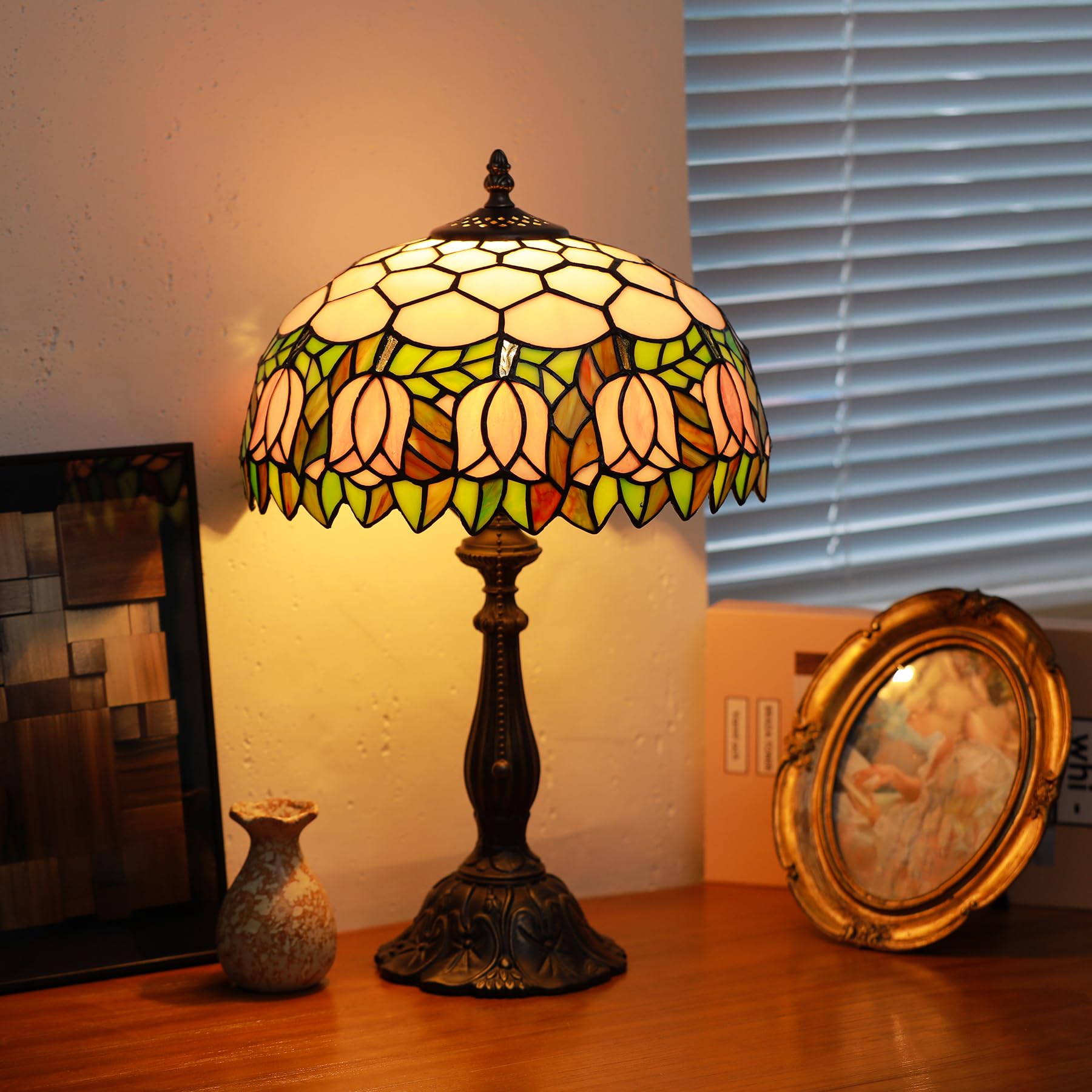 Tiffany Lamps Pink Tulip Style Stained Glass Table Lamp Desk Bedside Reading Light 12X12X18.5 Inches with Bronze Resin Base Appl