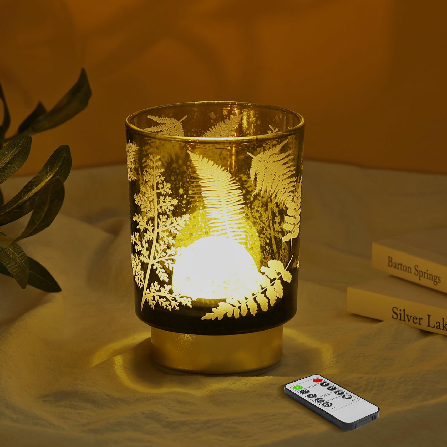 Eywamage Small Battery Operated Glass Table Lamp, Boho Green Ferns Mood Light with Remote, Cordless Bedside Accent Lamp Room Dec