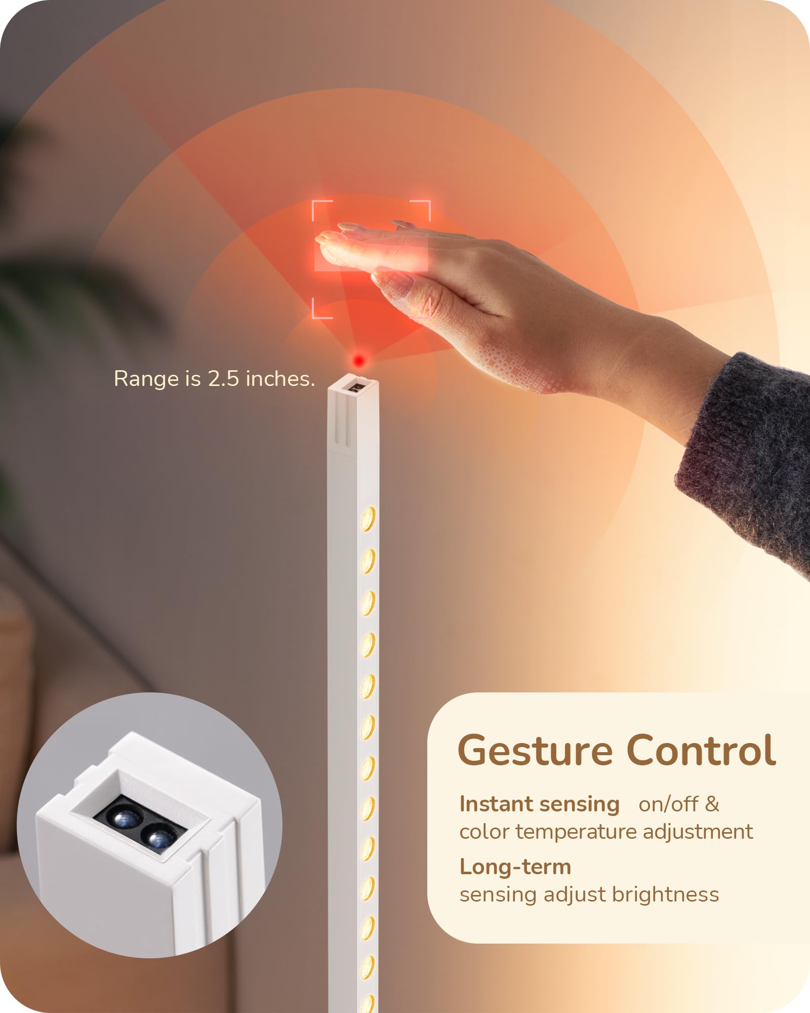 EDISHINE New Gesture Control Floor Lamp, LED Dimmable Motion Corner Light, 2700K-6500K Eye Caring Standing Lamps with Remote Con