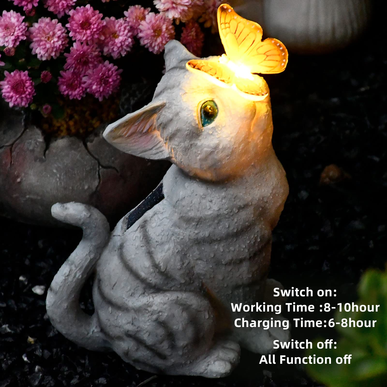 Cat Garden Figurines Outdoor Decor Solar Statue With Led Lights For Patio Lawn Yard Art Decoration Housewarming Garden Gift (Grey-1)