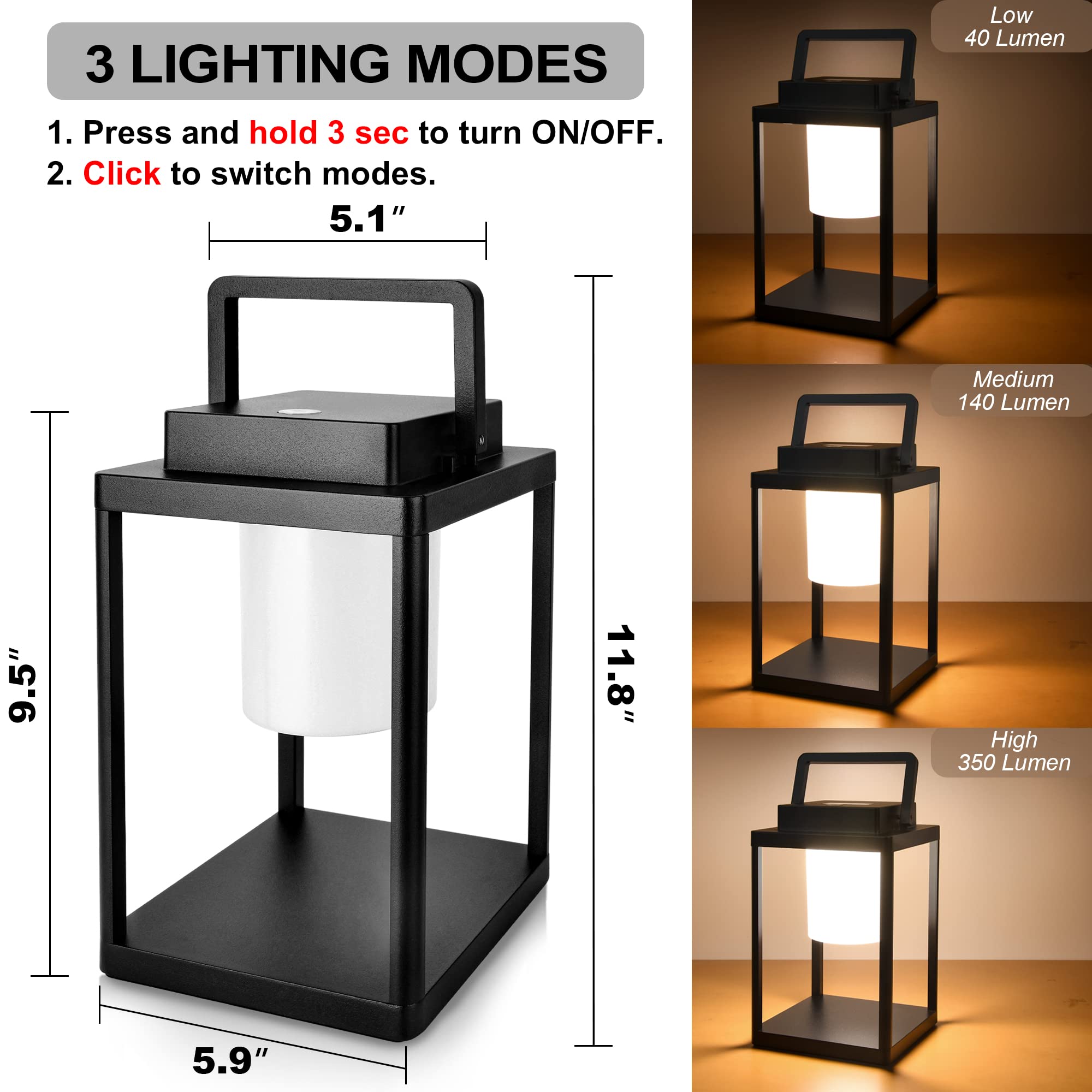 Brimmel Rechargeable Aluminum Outdoor Table Lamp - 35W, 350 Lumen, Ip44 Waterproof, Usb Port