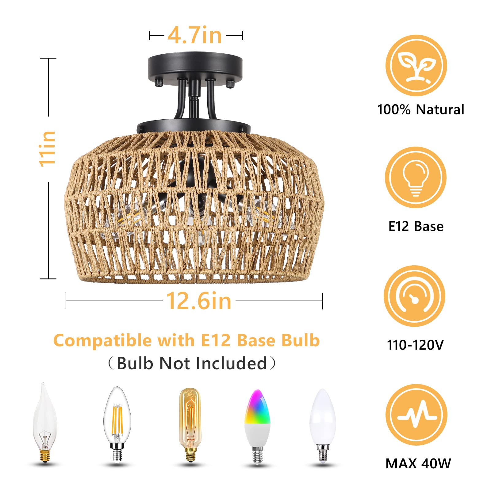 Hmvpl Rattan Semi Flush Mount Ceiling Light, 3-Light Boho Chandelier For Living Room, Bedroom