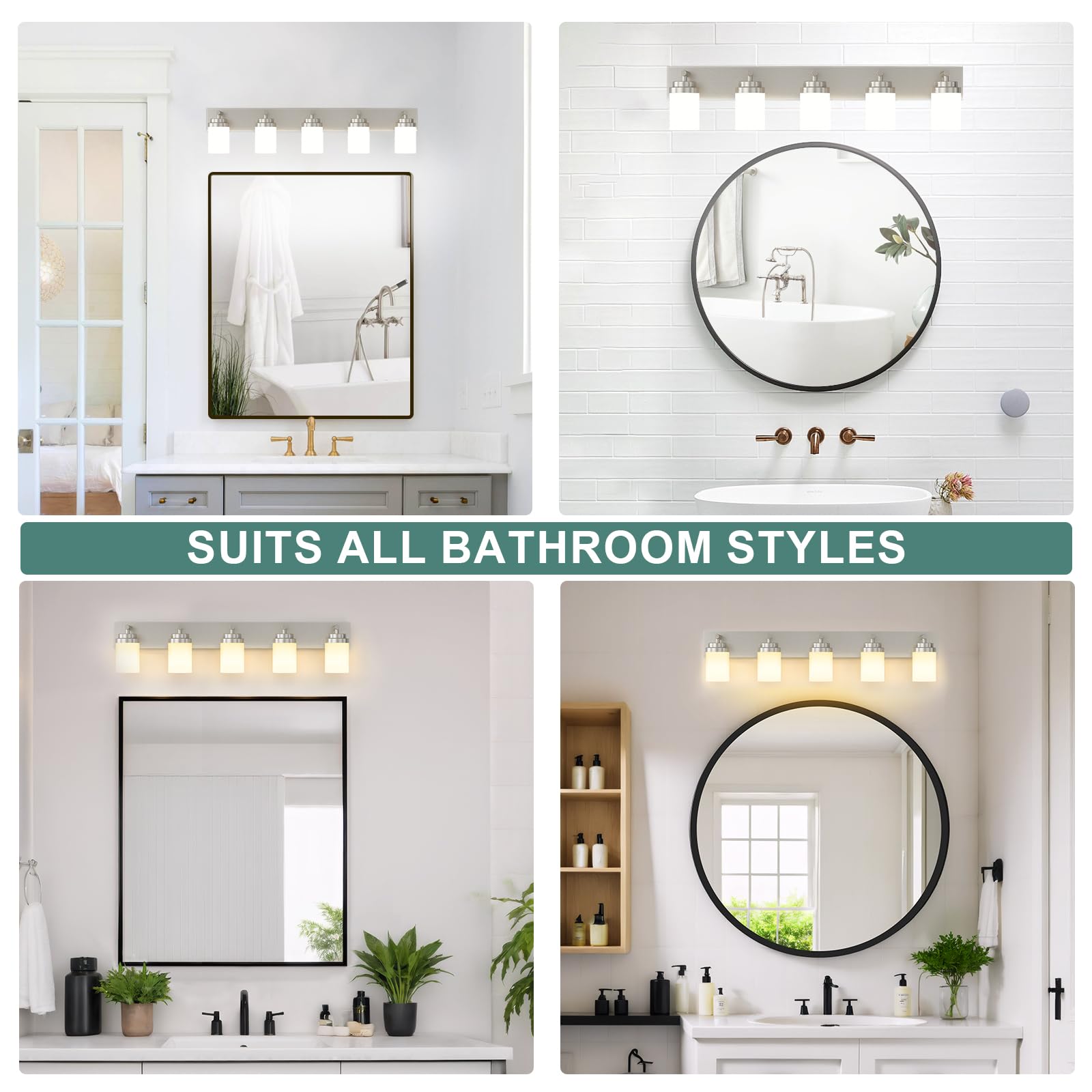 Izorro Bathroom Vanity Light Fixture  5-Light 36 Inch Brushed Nickel Bathroom Light Fixtures Over Mirror  With White Glass Shade  Modern Farmhouse Vanity Lights  Rustic Restroom Lighting Fixtures