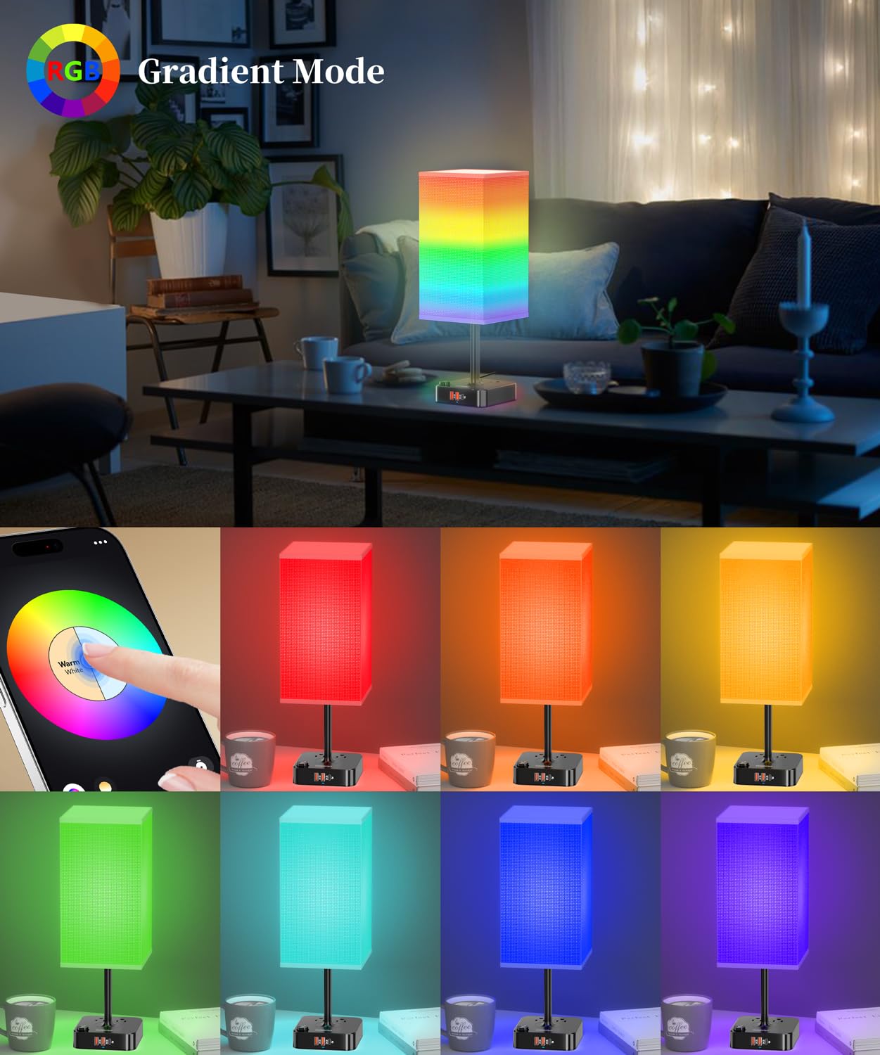 cozoo Bluetooth/WiFi RGB Bedside Table Lamp with 3 USB Ports & 2 Outlets, Dimmable LED Light for Home/Bedroom/Living Room