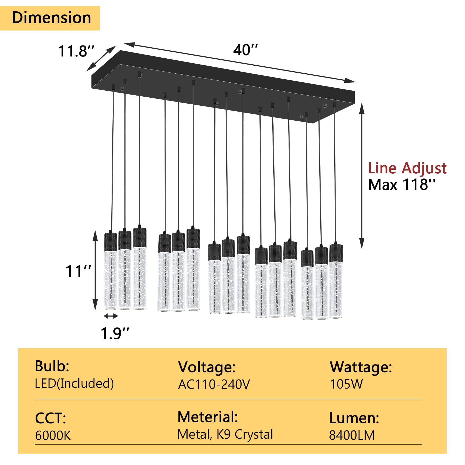 Dolria 15-Lights Modern Led Pendant Lighting Fixture For Kitchen Island Crystal Chandelier Light Fixtures For Dining Room