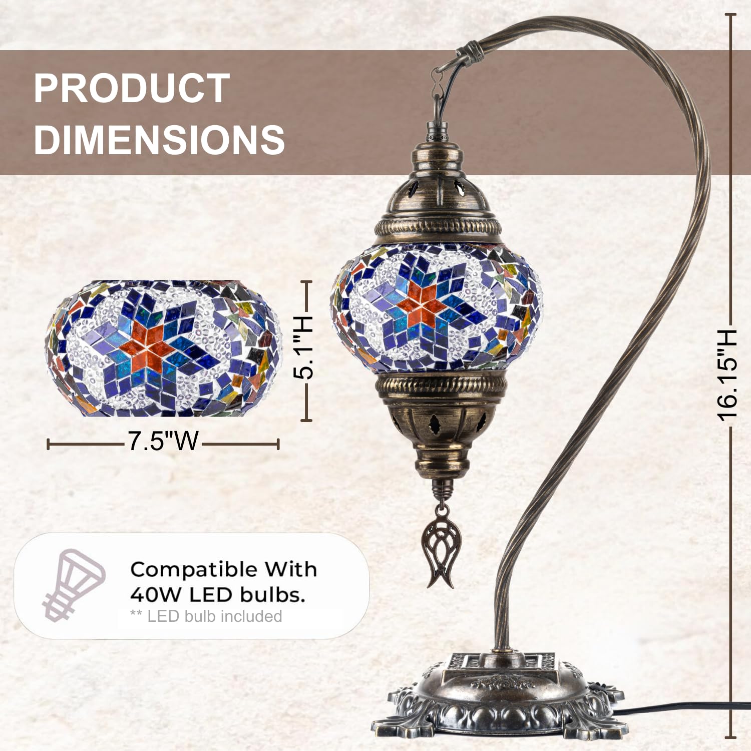 Kafthan Turkish Mosaic Lamp – Handmade Glass Bedside Lamp, Antique Brass Base, 16.14 inches, Red & Navy Center Star, Model ASNML50383